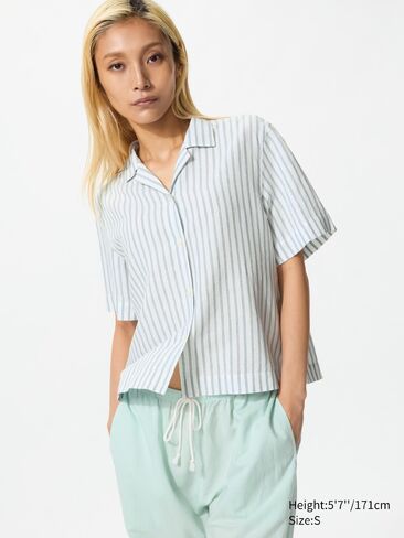 Uniqlo Linen Blend Open Collar Shirt | Short Sleeve | Striped in Saudi Arabia