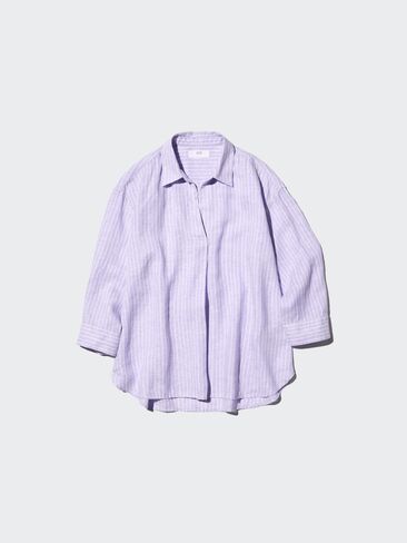 Uniqlo Premium Linen Skipper Collar 3/4 Sleeve Shirt | Striped in Saudi Arabia