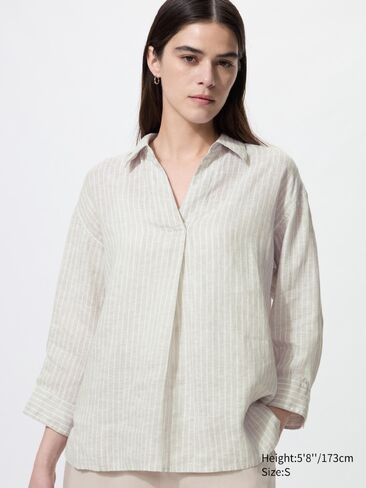 Uniqlo Premium Linen Skipper Collar 3/4 Sleeve Shirt | Striped in Saudi Arabia