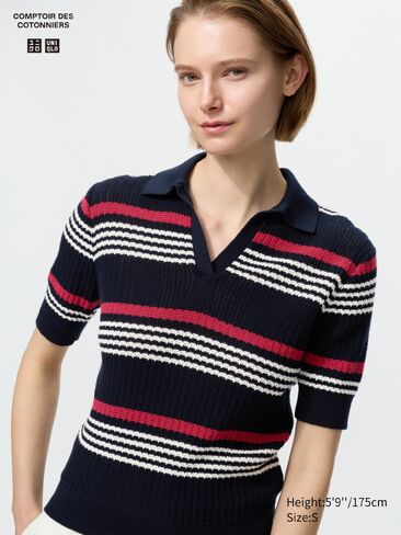 Uniqlo Cotton Pointelle Skipper Polo Sweater | Striped in Saudi Arabia