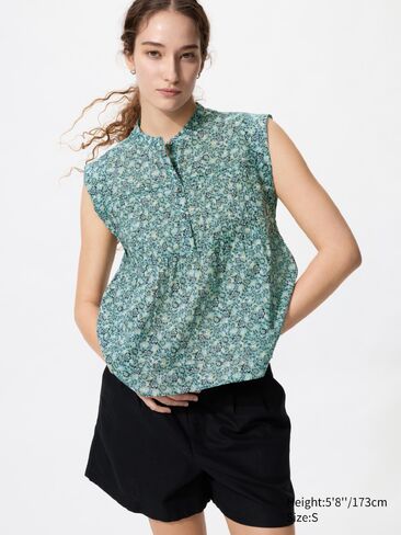 بلوزة Uniqlo من القطن الخفيف Pintuck | بلا أكمام | مطبعة in Kuwait