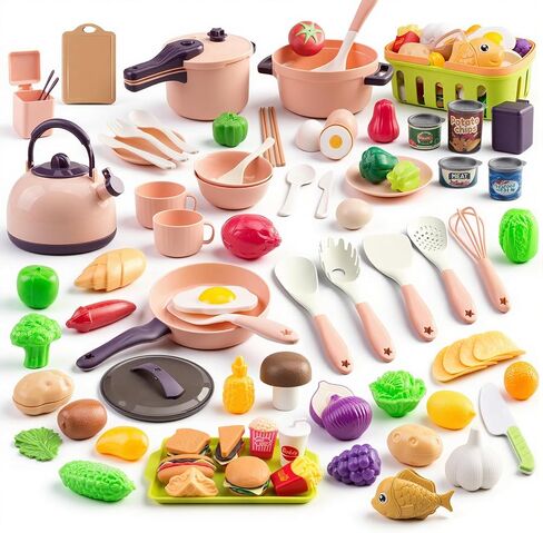 118-Piece Mini Play Kitchen Accessories for Kids Ages 3+, Pretend Cooking Playset with Cookware, Tableware & 2 Fruit Sets, Learning Gift for Girls and Boys, Pink in Saudi Arabia
