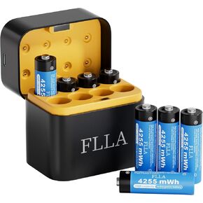 Flla 8 Slot Rechargeable AA Lithium Batteries 4255mWh 1.5V with USB-C Fast Charger & Storage Box, Constant Output, 2000+ Cycle for Doorbell Cameras, Game Controllers in Kuwait