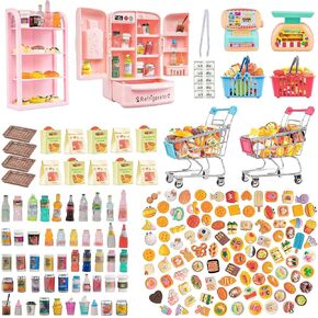 180 Pcs Dollhouse Miniature Kitchen Accessories Shopping Cart Basket Mini Food Drinks Dollhouse Store Grocery Supermarket Metal Handcart Party Model Shelves Cash Register Refrigerator in Kuwait