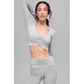 حمالة صدر Alo Yoga Alosoft Intuition بأكمام طويلة - رمادي رياضي منقط in Kuwait