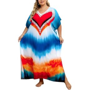 Kaftan Dresses for Women V-Neck Print Swimsuit Cover Up Plus Size Beach Caftan Lounge Dress in Saudi Arabia