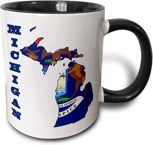 3dRose mug_58743_4 "Michigan state flag in the outline map and letters for Michigan" Two Tone Black Mug, 11 oz, Multicolor in Saudi Arabia