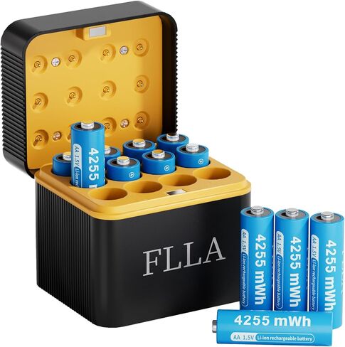 Flla 8 Slot Rechargeable AA Lithium Batteries 4255mWh 1.5V with USB-C Fast Charger & Storage Box, Constant Output, 2000+ Cycle for Doorbell Cameras, Game Controllers in Saudi Arabia