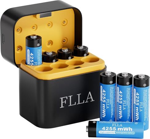 Flla 8 Slot Rechargeable AA Lithium Batteries 4255mWh 1.5V with USB-C Fast Charger & Storage Box, Constant Output, 2000+ Cycle for Doorbell Cameras, Game Controllers in Kuwait