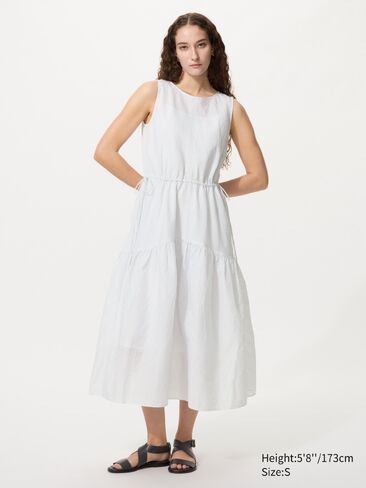 Uniqlo Linen Blend Tiered Dress | Stripe in Saudi Arabia