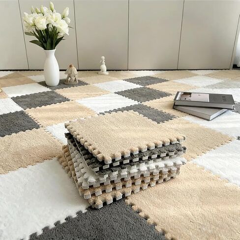 16pcs Plush Puzzle Carpet Tiles, Carpet Squares with Soft Fluffy Interlocking Square Foam Tiles for Living Room & Bedroom, Home Playroom Decor and Pet Comfort Rest Area(11.8x11.8x0.4in,Rose Red&Pink) in Saudi Arabia