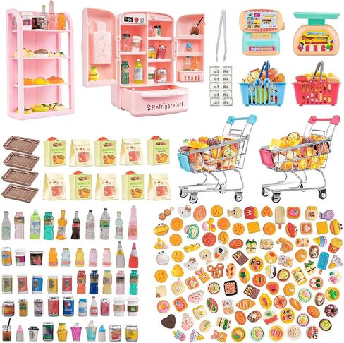 180 Pcs Dollhouse Miniature Kitchen Accessories Shopping Cart Basket Mini Food Drinks Dollhouse Store Grocery Supermarket Metal Handcart Party Model Shelves Cash Register Refrigerator in Kuwait