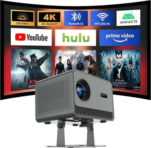 Mini Projector Support 4K with WiFi and Bluetooth, Built-in APPS & Electric Focus, 300 ANSI & Auto Keystone Portable Projector, 200" Screen Compatible with iPhone/Laptop/TV Stick for Bedroom Outdoor in Saudi Arabia
