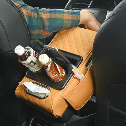 Car Armrest Box Pad Elevator 4-in-1 Vehicle Tissue Holder Storage Bag Cup Holder Multifunctional Organizer (Yellow) in Saudi Arabia