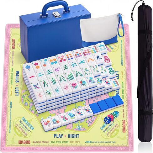 Soulchen American Mahjong Set 168 Blossom Acrylic Numbered Tiles, 4 Dice, Mahjong Mat, Tiles Bag and Portable Travel Case Classic Full Size Complete Set (Blue) in Saudi Arabia