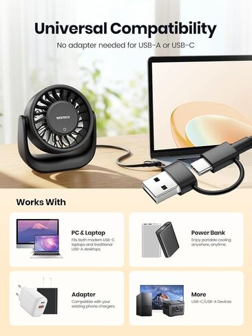 مروحة USB من Warmco مع تحكم باللمس، (بدون بطارية) مروحة مكتب شخصية صغيرة، قابس USB-A وUSB-C، تدفق هواء قوي 3 سرعات، مراوح طاولة هادئة للمنزل والمكتب in Kuwait