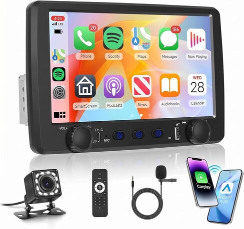 ستيريو سيارة ستيريو لاسلكي Carplay Android Auto، 9 بوصة HD 1024×600 شاشة تعمل باللمس راديو السيارة بلوتوث 5.0، وصلة مرآة SWC FM EQ، USB نوع C، مستقبل ستيريو السيارة in Kuwait