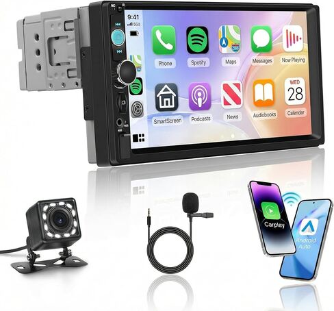 ستيريو سيارة ستيريو لاسلكي Carplay Android Auto، 9 بوصة HD 1024×600 شاشة تعمل باللمس راديو السيارة بلوتوث 5.0، وصلة مرآة SWC FM EQ، USB نوع C، مستقبل ستيريو السيارة in Kuwait
