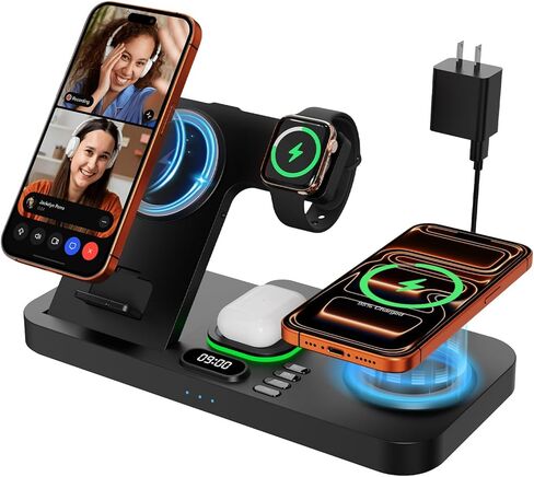 Dual Phone Magnetic Wireless Charging Station for Apple Devices/Apple Ecosystem,with Auto-Switch 7-Color Light & Clock, Compatible with iPhone 17/16/15, for iWatch 11/10/9 & AirPods Pro3（Black in Kuwait