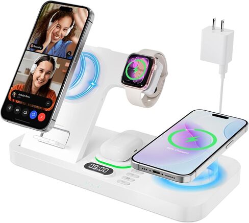 محطة شحن لاسلكية مغناطيسية مزدوجة للهاتف لأجهزة Apple/نظام Apple البيئي، مع مفتاح تلقائي 7 ألوان وساعة، متوافقة مع iPhone 17/16/15، وiWatch 11/10/9 وAirPods Pro3 (أسود) in Kuwait