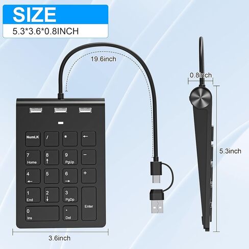 لوحة مفاتيح رقمية سلكية مكونة من 18 مفتاحًا مع 3 منافذ USB 2.0 Hub وUSB C وUSB A لوحة أرقام محمولة رفيعة لأجهزة الكمبيوتر المحمول وسطح المكتب وأجهزة الكمبيوتر الشخصية وأجهزة MacBook ولوحة أرقام المحاسبة المالية الفعالة USB c تدعم التوصيل والتشغيل in Saudi Arabia