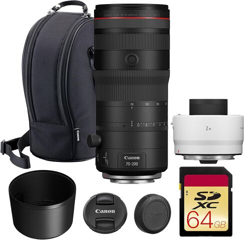 Canon RF 70-200mm f/2.8 L هي عدسة USM - تكبير تليفوتوغرافي مدمج مع تثبيت الصورة للرياضة والصور الشخصية والتصوير الفوتوغرافي للأحداث (6593C002) + Canon Extender RF 2X + بطاقة ذاكرة سعة 64 جيجابايت in Saudi Arabia