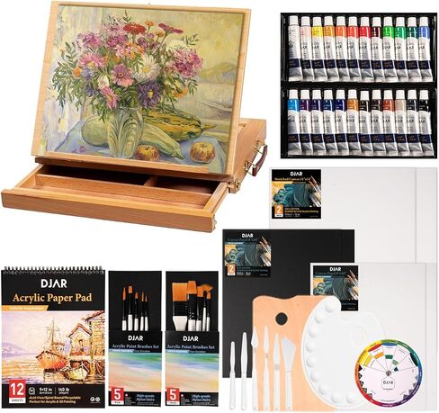 DJAR 49 PCS طلاء أكريليك مع مربع الحامل على الطاولة ، 24 ألوان الطلاء الأكريليك ، كراسة رسم ، وسادات الطلاء ، ومجموعة كامب للفنون الأكريليك للبالغين والمراهقين والمبتدئين in Kuwait