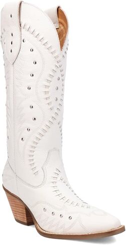 Dingo Womens Pretty N' Pink Embroidered Studded Snip Toe Pull On Casual Boots Mid Calf Mid Heel 2-3" - White in Saudi Arabia