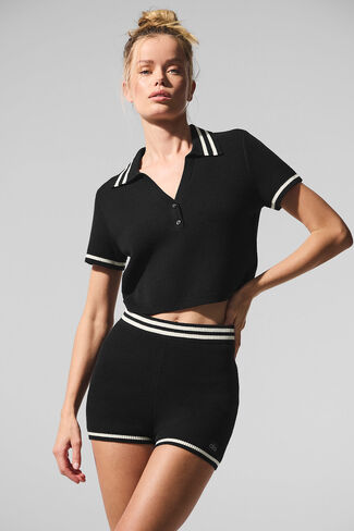 Alo Yoga Tennis Club Sweater Knit Cropped Polo - Black/Ivory in Saudi Arabia