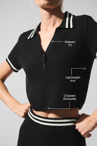 Alo Yoga Tennis Club Sweater Knit Cropped Polo - Black/Ivory in Saudi Arabia