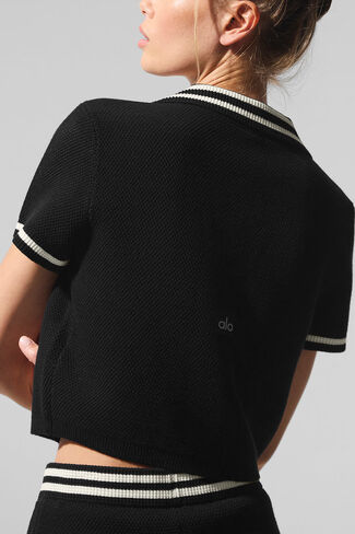 Alo Yoga Tennis Club Sweater Knit Cropped Polo - Black/Ivory in Saudi Arabia