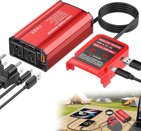 محول طاقة 300 واط متوافق مع بطارية Ryobi 18 فولت، محول بطارية DC 18 فولت إلى تيار متردد 110 فولت مع شحن سريع PD 65 واط من النوع C ومنفذي تيار متردد ومحطة طاقة محمولة بمنفذ USB-A بقدرة 18 واط للتخييم in Kuwait
