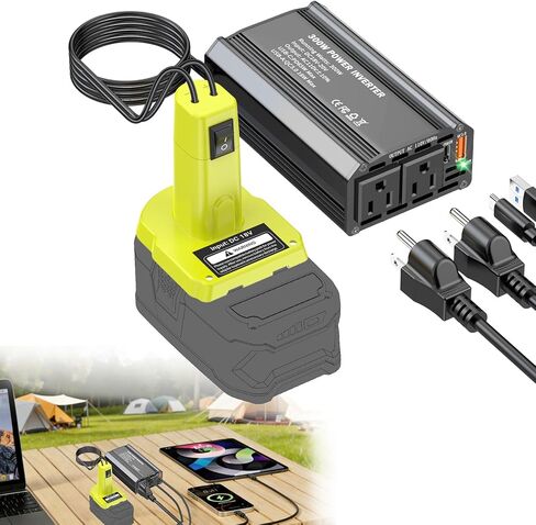 محول طاقة 300 واط متوافق مع بطارية Ryobi 18 فولت، محول بطارية DC 18 فولت إلى تيار متردد 110 فولت مع شحن سريع PD 65 واط من النوع C ومنفذي تيار متردد ومحطة طاقة محمولة بمنفذ USB-A بقدرة 18 واط للتخييم in Kuwait