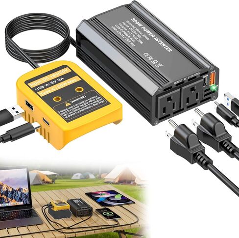 محول طاقة 300 واط متوافق مع بطارية Ryobi 18 فولت، محول بطارية DC 18 فولت إلى تيار متردد 110 فولت مع شحن سريع PD 65 واط من النوع C ومنفذي تيار متردد ومحطة طاقة محمولة بمنفذ USB-A بقدرة 18 واط للتخييم in Kuwait