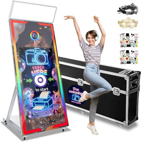 Magic Mirror Photo Booth, 65'' Mirror Photo Booth, 43'' Interactive Touch Screen, with Flight Case, Square Light, Perfect for Weddings, Parties, Events (White, 65-43in) in Kuwait