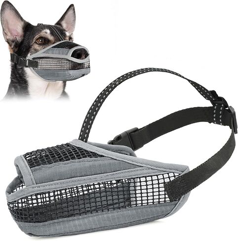Soft Mesh Dog Muzzle with Reflective Strap - Lightweight Muzzle Adjustable Dogs to Prevents Biting, Chewing & Licking, Open Nose Design Reduces Friction & Enhances Comfort (Grey, S) in Saudi Arabia