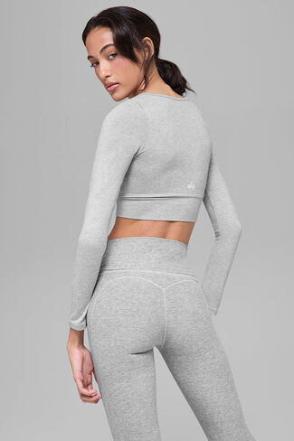 حمالة صدر Alo Yoga Alosoft Intuition بأكمام طويلة - رمادي رياضي منقط in Kuwait