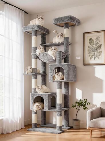 Hey-Brother Tall Cat Tree Tower ، وظائف خدش شديدة التحمل مع منصات كبيرة ، شقق مريحة ، أرجوحة كبيرة ، كرات ألعاب ، أثاث متعدد المستويات للقطط البالغة الداخلية ، 80.7 بوصة ، رمادي مدخن MPJ039G in Kuwait