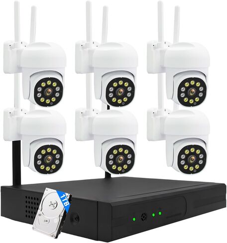 نظام كاميرا أمان لاسلكية بدقة 3 ميجابكسل - 6 كاميرات Wi-Fi Bullet + 10CH NVR، رؤية ليلية بالأشعة تحت الحمراء بطول 15 مترًا، IP66 مانعة لتسرب الماء، H.265، مراقبة داخلية/خارجية، توصيل وتشغيل، تنبيهات متنقلة، تخزين مزدوج in Kuwait