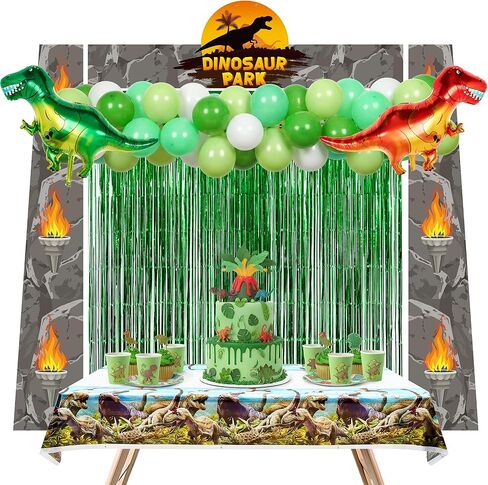 Dinosaur Birthday Party Decorations Supplies - Dino Park Door Porch Banner Backdrop and Green Foil Fringe Curtains for Jungle Safari Theme Boys Kids Favors Photoshoot Props in Saudi Arabia