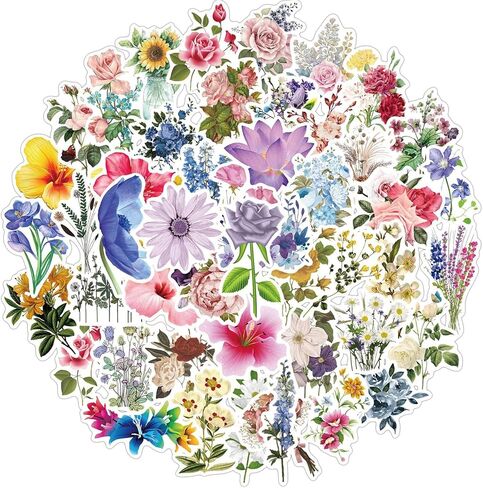 55Pcs Vintage Watercolor Floral Stickers,PET Transparent Flowers Sticker Waterproof Decorative Decals for Journaling, Decoupage, Planners, laptops, Phone Case, Gift & Card Making(Colourful-5) in Kuwait