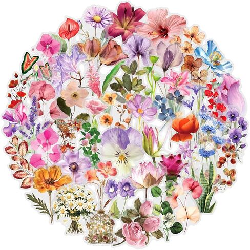 55Pcs Vintage Watercolor Floral Stickers,PET Transparent Flowers Sticker Waterproof Decorative Decals for Journaling, Decoupage, Planners, laptops, Phone Case, Gift & Card Making(Colourful-5) in Kuwait