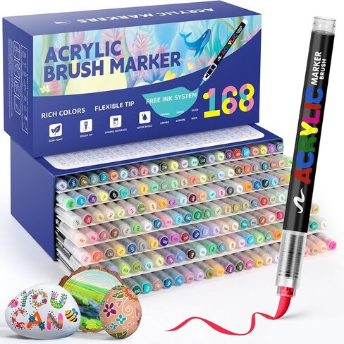 GOTIDEAL Acrylic Paint Markers Brush Tip,Waterproof Paint Pens acrylic Markers,No Bleed Acrylic Brush markers for Fabric,Wood,Rocks,Canvas Painting,Glass,Ceramic,Art Craft Supplies(12 Colors) in Saudi Arabia
