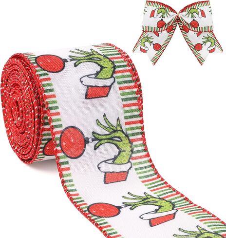 شريط عيد الميلاد للشجرة ، والأخضر الأحمر مضحك عيد الميلاد كرتون شرائط سلكية جرس النسيج الشريط هدية التغليف DIY كولبة الزهر الأقواس صنع الديكور شجرة عيد الميلاد ، 10 ياردة × 2.5 بوصة in Kuwait