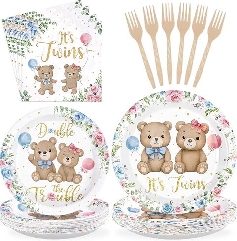 96 Pcs Twins Baby Shower Party Decorations Pink and Blue Paper Plates and Napkins Twins Birthday Disposable Tableware Set for Twin Boy and Girl 1st Birthday Baby Shower Party Supplies, Serves 24 in Kuwait