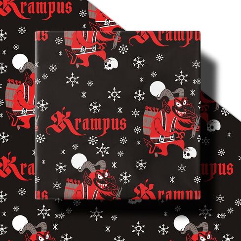 لفة ورق تغليف عيد الميلاد من RUSPEPA Krampus، لفة صغيرة، شيطان عطلة الرعب الأحمر، تصميم ندفة الثلج وقصب الحلوى، ورق تغليف هدايا ممتع للعطلة، حفلة ذات طابع خاص، 17 بوصة × 16.4 قدم in Saudi Arabia