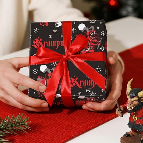 لفة ورق تغليف عيد الميلاد من RUSPEPA Krampus، لفة صغيرة، شيطان عطلة الرعب الأحمر، تصميم ندفة الثلج وقصب الحلوى، ورق تغليف هدايا ممتع للعطلة، حفلة ذات طابع خاص، 17 بوصة × 16.4 قدم in Saudi Arabia