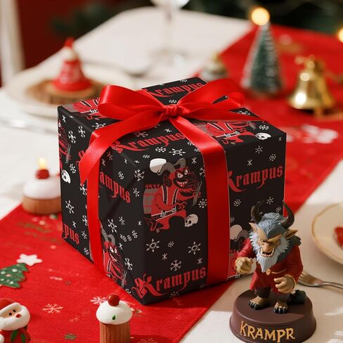 لفة ورق تغليف عيد الميلاد من RUSPEPA Krampus، لفة صغيرة، شيطان عطلة الرعب الأحمر، تصميم ندفة الثلج وقصب الحلوى، ورق تغليف هدايا ممتع للعطلة، حفلة ذات طابع خاص، 17 بوصة × 16.4 قدم in Saudi Arabia