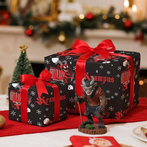 لفة ورق تغليف عيد الميلاد من RUSPEPA Krampus، لفة صغيرة، شيطان عطلة الرعب الأحمر، تصميم ندفة الثلج وقصب الحلوى، ورق تغليف هدايا ممتع للعطلة، حفلة ذات طابع خاص، 17 بوصة × 16.4 قدم in Saudi Arabia