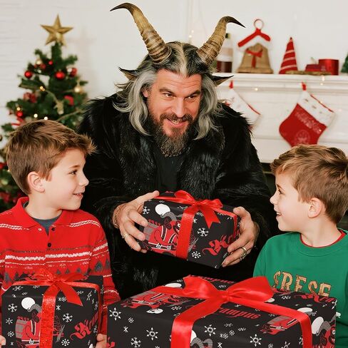 لفة ورق تغليف عيد الميلاد من RUSPEPA Krampus، لفة صغيرة، شيطان عطلة الرعب الأحمر، تصميم ندفة الثلج وقصب الحلوى، ورق تغليف هدايا ممتع للعطلة، حفلة ذات طابع خاص، 17 بوصة × 16.4 قدم in Saudi Arabia